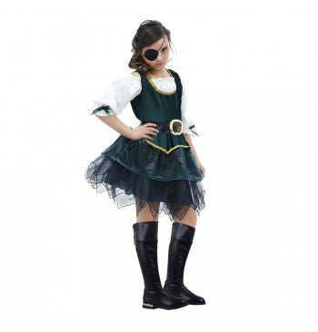 The image shows a child dressed in a pirate-themed costume, specifically labeled as "Boucanière Pirate Angélique." The costume includes a dress with a red and black color scheme, a skull and crossbones motif, and a matching headscarf, suitable for a party or themed event.
