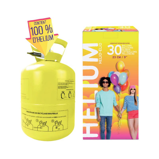 The image shows a helium gas bottle intended for inflating balloons, with clear labeling and a party-related design.