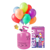 The image shows a helium gas bottle intended for inflating balloons, with clear labeling and a party-related design.