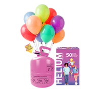 The image shows a helium gas bottle intended for inflating balloons, with clear labeling and a party-related design.