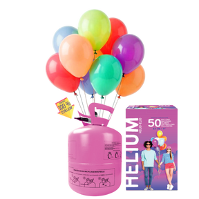 The image shows a helium gas bottle intended for inflating balloons, with clear labeling and a party-related design.