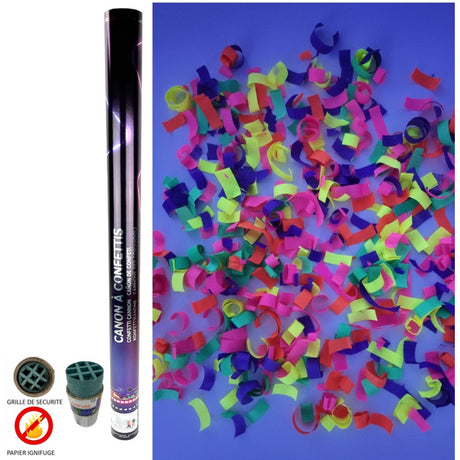 The image shows a large confetti cannon labeled as "Canon à Confettis 80 cm Papier Fluo," designed for party celebrations.