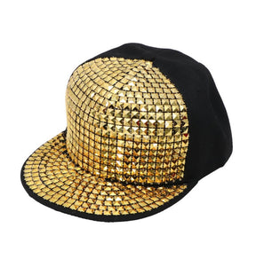 The image shows a gold-colored rapper-style cap, often associated with hip-hop or urban-themed parties.