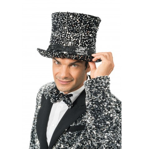 The image shows a black velvet top hat decorated with silver sequins, measuring 19 cm in height, and featuring an interior elastic band for secure fit.
