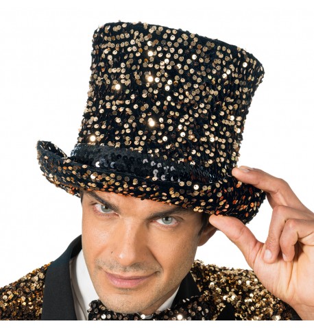 Chapeau haut de forme velours noir à sequins bronze – soirées et cabaret