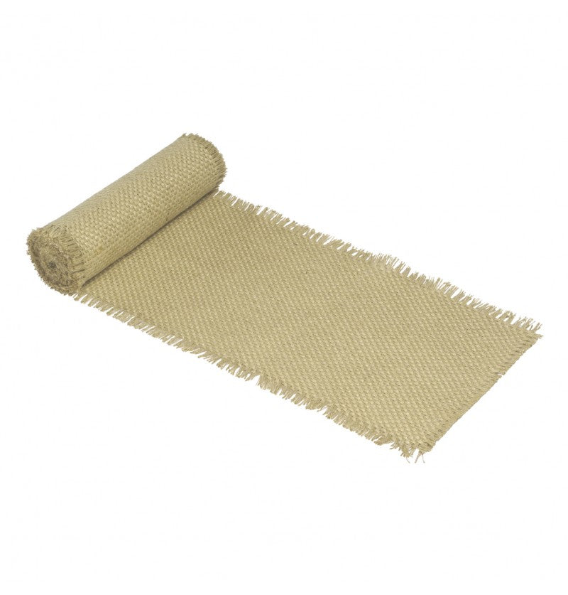 The image shows a natural braided jute table runner, measuring 30cm in width and 3m in length, displayed on a table setting.