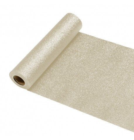 The image shows a roll of premium platinum-colored sequin table runner, measuring 30cm x 5m, designed for party table decoration.