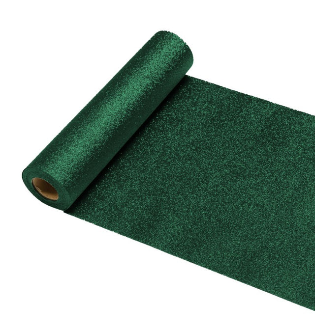 The image shows a green sequin table runner, likely intended for festive or party table settings.
