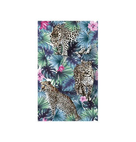 The image shows a party table runner with a "Romance Jungle" theme, featuring a green and white leafy pattern.