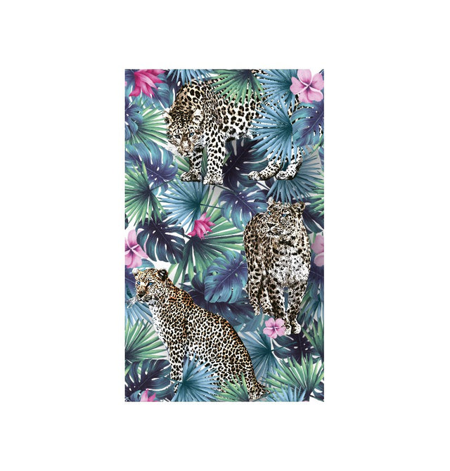 The image shows a party table runner with a "Romance Jungle" theme, featuring a green and white leafy pattern.