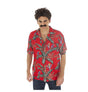 The image shows a red short-sleeved button-up shirt with a white floral pattern, reminiscent of a classic Hawaiian or tropical party shirt, displayed on a mannequin torso.