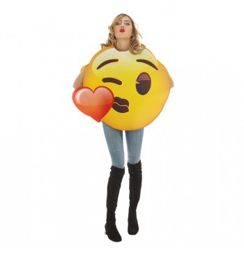 The image shows an adult wearing an emoji-themed costume, specifically the "blowing kiss with heart" emoji. The costume is a large, round, yellow tunic with the emoji face printed on it, designed to be worn over regular clothes.