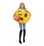 The image shows an adult wearing an emoji-themed costume, specifically the "blowing kiss with heart" emoji. The costume is a large, round, yellow tunic with the emoji face printed on it, designed to be worn over regular clothes.