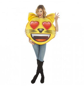 The image features a person wearing a large emoji mask with heart-shaped eyes, suggesting a playful and fun party atmosphere. The costume is the main focus, with no visible decorations or tableware in the background.