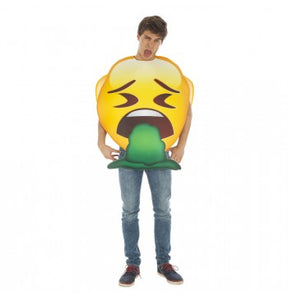 The image features a round yellow party balloon with a printed design of the "vomiting emoji," characterized by closed eyes, a frown, and green vomit coming out of its mouth.