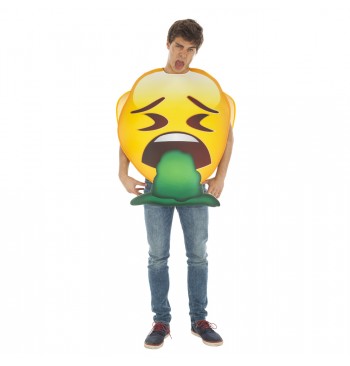 The image features a round yellow party balloon with a printed design of the "vomiting emoji," characterized by closed eyes, a frown, and green vomit coming out of its mouth.