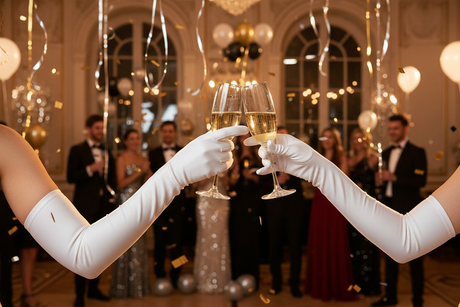 Gants blancs 48cm portés - Soirée Nouvel An