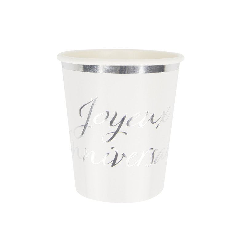 Lot de 8 gobelets en papier 200ml argentés imprimés Joyeux Anniversaire, certifiés FSC, 300gr, jetables et écologiques, design festif pour fête d'anniversaire