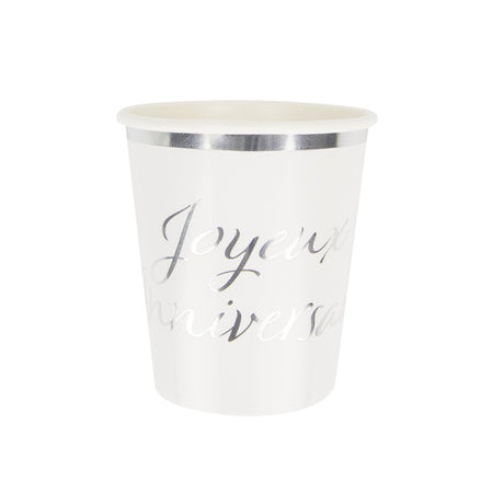 Lot de 8 gobelets en papier 200ml argentés imprimés Joyeux Anniversaire, certifiés FSC, 300gr, jetables et écologiques, design festif pour fête d'anniversaire