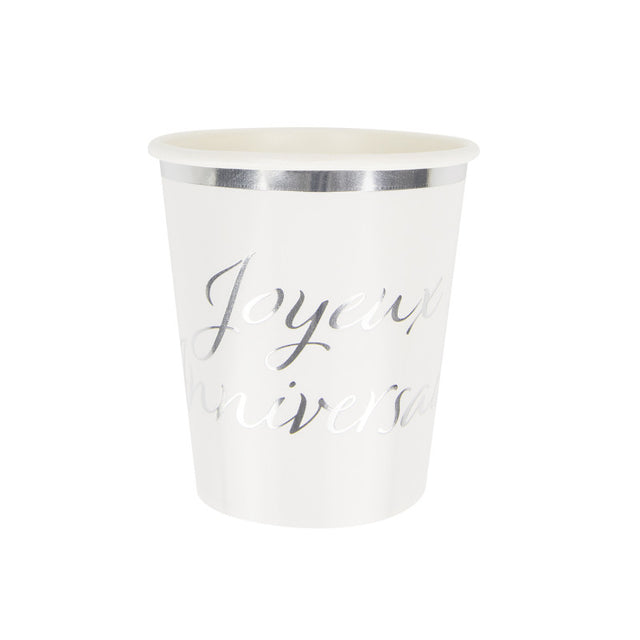 Lot de 8 gobelets en papier 200ml argentés imprimés Joyeux Anniversaire, certifiés FSC, 300gr, jetables et écologiques, design festif pour fête d'anniversaire