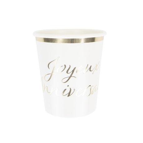 Gobelets 200ml jetables en papier imprimés "Joyeux Anniversaire" en doré, lot de 8, papier 300 g certifié FSC, parfaits pour fêtes d'anniversaire