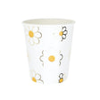 Pack de 8 gobelets jetables 200 ml motif marguerite avec détails dorés, certification FSC, design hippy années 70 pour fêtes et Pâques