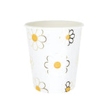 Pack de 8 gobelets jetables 200 ml motif marguerite avec détails dorés, certification FSC, design hippy années 70 pour fêtes et Pâques