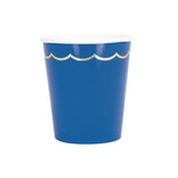 Lot de 8 gobelets festonnés 200ml bleu majorelle avec galon doré, en PLA écologique, gobelets jetables élégants pour fête, anniversaire ou mariage