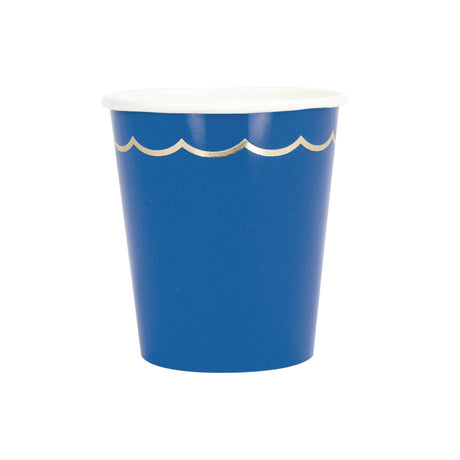 Lot de 8 gobelets festonnés 200ml bleu majorelle avec galon doré, en PLA écologique, gobelets jetables élégants pour fête, anniversaire ou mariage