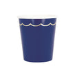 Gobelets festonnés en carton bleu marine avec galon doré, 200 ml, compostables et biodégradables (PLA), certifiés FSC — lot de 8, vaisselle jetable élégante pour fêtes et anniversaires