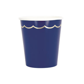 Gobelets festonnés en carton bleu marine avec galon doré, 200 ml, compostables et biodégradables (PLA), certifiés FSC — lot de 8, vaisselle jetable élégante pour fêtes et anniversaires