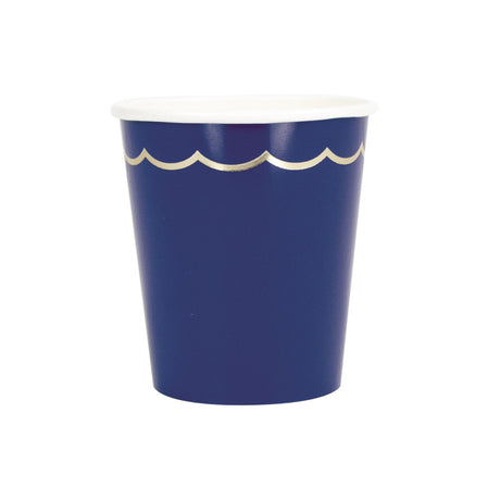 Gobelets festonnés en carton bleu marine avec galon doré, 200 ml, compostables et biodégradables (PLA), certifiés FSC — lot de 8, vaisselle jetable élégante pour fêtes et anniversaires