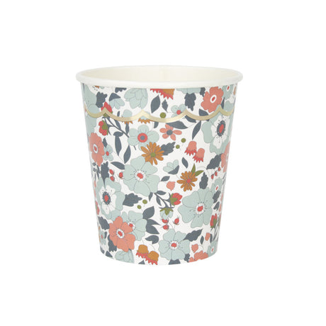 Gobelets festonnés 200 ml motif fleurs avec galon doré, lot de 8 en carton et film PLA (amidon de maïs), papier FSC, gobelets jetables pour fête et anniversaire