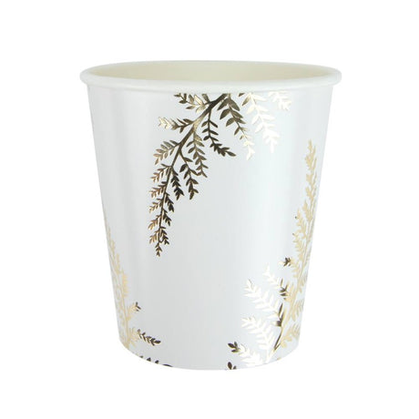 Gobelets festonnés 200ml blancs en carton avec film PLA (amidon de maïs), motif fougère doré, pack de 8, certifiés FSC, vaisselle jetable chic et écologique pour fêtes, mariages et anniversaires.