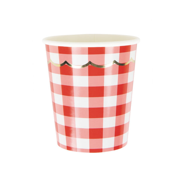 Gobelets festonnés 200 ml motif vichy blanc et or avec galon doré, en carton imperméable PLA compostable et biodégradable, lot de 8, style guinguette pour fêtes et vaisselle jetable écologique.