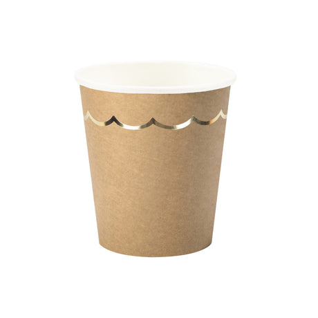 Lot de 8 gobelets festonnés kraft 200 ml avec galon doré, carton imperméabilisé en PLA, papier FSC, gobelets jetables écologiques pour fête et anniversaire