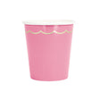 Lot de 8 gobelets festonnés 200 ml en carton rose néon avec galon doré, compostables et biodégradables (film PLA), idéaux pour fêtes, anniversaires et mariages