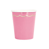 Lot de 8 gobelets festonnés 200 ml en carton rose néon avec galon doré, compostables et biodégradables (film PLA), idéaux pour fêtes, anniversaires et mariages