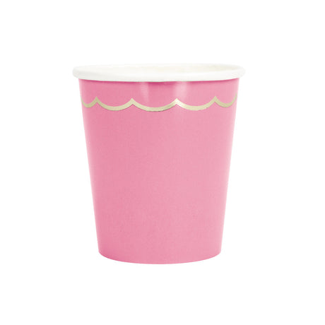 Lot de 8 gobelets festonnés 200 ml en carton rose néon avec galon doré, compostables et biodégradables (film PLA), idéaux pour fêtes, anniversaires et mariages