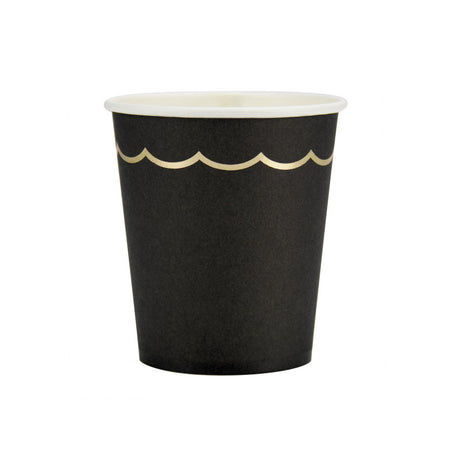Gobelets festonnés noirs et or en papier FSC 200ml pack de 8, gobelets jetables élégants pour fête, anniversaire, Halloween et Nouvel An