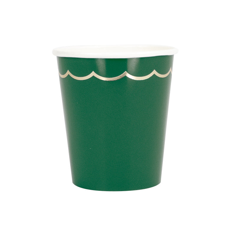 Gobelets festonnés 200 ml vert jungle avec galon doré, en carton et film PLA étanche, compostables et certifiés FSC, lot de 8 pour fêtes