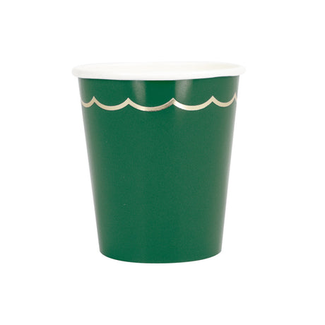 Gobelets festonnés 200 ml vert jungle avec galon doré, en carton et film PLA étanche, compostables et certifiés FSC, lot de 8 pour fêtes