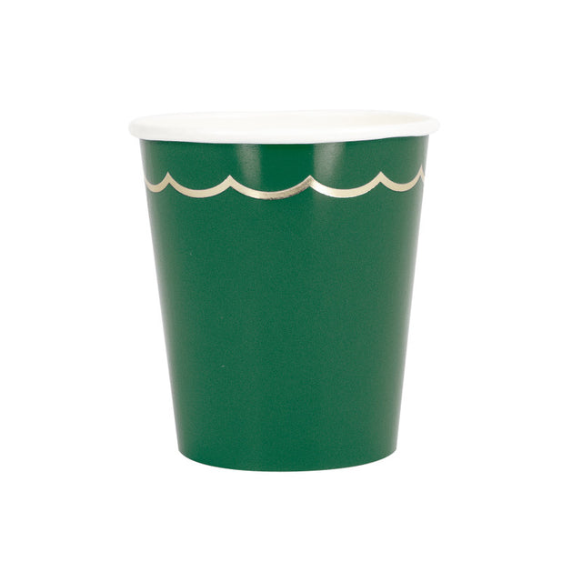 Gobelets festonnés 200 ml vert jungle avec galon doré, en carton et film PLA étanche, compostables et certifiés FSC, lot de 8 pour fêtes