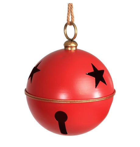 The image shows a large metallic jingle bell (grelot) in red and gold colors, measuring approximately 30 cm by 38 cm, likely intended as a festive party decoration.