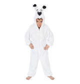 The image features a large plush toy of Idefix (Dogmatix), the dog character from the Asterix comic series, measuring approximately 104 cm in height. The plush is white with black ears and a black nose, and it is designed to be a recognizable, playful party decoration or accessory.