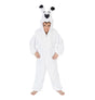 The image features a large plush toy of Idefix (Dogmatix), the dog character from the Asterix comic series, measuring approximately 104 cm in height. The plush is white with black ears and a black nose, and it is designed to be a recognizable, playful party decoration or accessory.