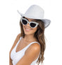 The image shows a pair of oversized white party glasses adorned with large silver rhinestones, measuring approximately 15cm x 15cm x 5.