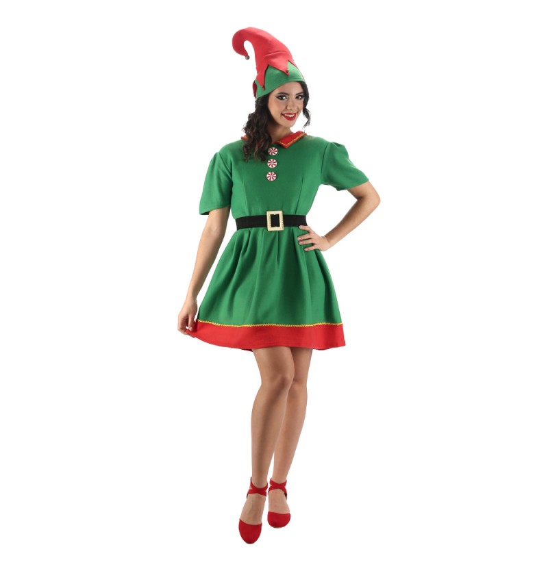 Déguisement lutine vert et rouge – Noël – 3 pièces : robe, bonnet, ceinture