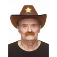The image shows a novelty party accessory, specifically a fake mustache with a brush-like texture and a reddish-brown (russet) color, designed for costume use.