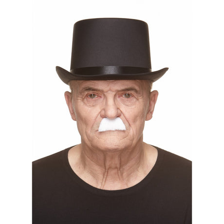 The image shows a white Chaplin-style fake moustache, typically used as a costume accessory for parties or themed events.